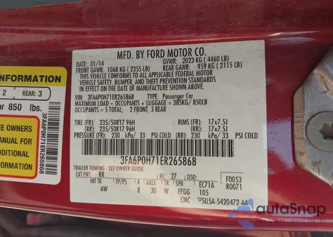 2014 Ford Fusion Se из США, поврежденный, VIN 3FA6P0H71ER265868